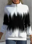 Modlily Black&amp;White Ombre Zipper Long Sleeve Mid Neck Sweatshirt - S