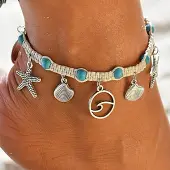 Modlily Turquoise Seashell Design Silver Metal Anklet - One Size