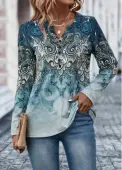 Modlily Dusty Blue Button Tribal Print T Shirt - M