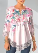 Modlily Light Pink Tuck Stitch Floral Print 3/4 Sleeve Blouse - S