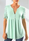 Modlily Mint Green Lace Short Sleeve Split Neck Blouse - S