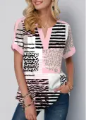 Modlily Pink Contrast Binding Geometric Print Short Sleeve Blouse - M