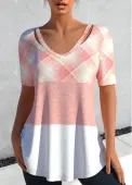Modlily Light Pink Cut Out Plaid T Shirt - L
