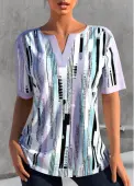 Modlily Light Purple Split Geometric Print Short Sleeve Blouse - M