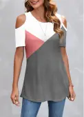 Modlily Pink Patchwork Short Sleeve Round Neck T Shirt - L