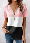 Modlily Pink Contrast Color Lace Short Sleeve Button Detail V Neck T Shirt - L