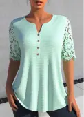 Modlily Light Green Patchwork Half Sleeve Split Neck Blouse - XL