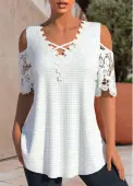 Modlily White Patchwork Half Sleeve V Neck T Shirt - XXL