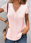 Modlily Pink Lace Short Sleeve V Neck T Shirt - M