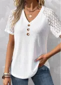 Modlily White Patchwork Short Sleeve V Neck T Shirt - M