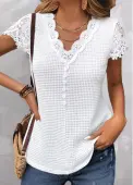 Modlily White Lace Short Sleeve V Neck T Shirt - L