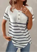 Modlily White Button Striped Short Sleeve T Shirt - XXL