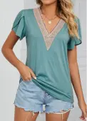 Modlily Green Patchwork Short Sleeve V Neck T Shirt - S