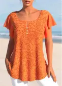 Modlily Orange Lace Short Sleeve Split Neck T Shirt - XL