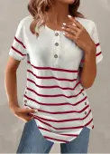 Modlily Wine Red Button Striped Short Sleeve T Shirt - XXL