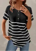 Modlily Black Button Striped Short Sleeve T Shirt - M