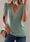 Modlily Green Patchwork Short Sleeve V Neck T Shirt - XL