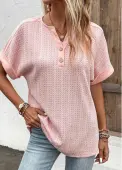Modlily Dusty Pink Button Short Sleeve Split Neck Blouse - M