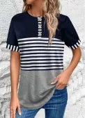 Modlily Navy Button Striped Short Sleeve T Shirt - M