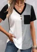 Modlily Black Patchwork Short Sleeve V Neck T Shirt - L