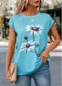 Modlily Sky Blue Floral Print Short Sleeve T Shirt - 2XL