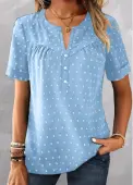 Modlily Sky Blue Button Short Sleeve Split Neck Blouse - XXL