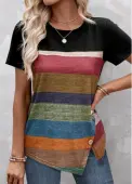 Modlily Black Patchwork Striped Short Sleeve T Shirt - XXL