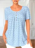 Modlily Light Blue Button Short Sleeve Round Neck Blouse - S