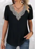 Modlily Black Lace Short Sleeve V Neck T Shirt - S