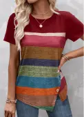 Modlily Red Split Striped Short Sleeve T Shirt - XXL