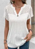 Modlily White Lace Short Sleeve Split Neck Blouse - M