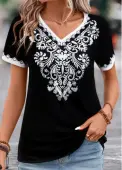 Modlily Black Patchwork Tribal Print Short Sleeve T Shirt - XL
