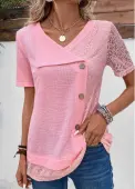 Modlily Pink Patchwork Short Sleeve V Neck T Shirt - M