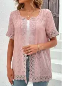 Modlily Pink Lace Short Sleeve Round Neck Topper - L