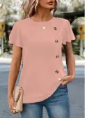 Modlily Pink Button Short Sleeve Round Neck T Shirt - M