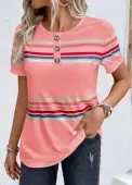 Modlily Pink Striped Short Sleeve Round Neck T Shirt - XXL