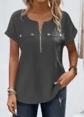 Modlily Grey Zipper Short Sleeve Round Neck Blouse - M