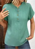 Modlily Green Button Short Sleeve V Neck T Shirt - M