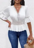Modlily White Patchwork Half Sleeve V Neck T Shirt - XL