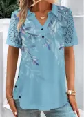 Modlily Blue Button Plants Print Short Sleeve Shirt Collar Blouse - XL