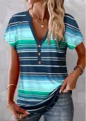 Modlily Peacock Blue Button Striped Short Sleeve T Shirt - M