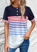 Modlily Multi Color Button Striped Short Sleeve Round Neck Blouse - XXL