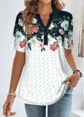 Modlily Navy Button Floral Print Short Sleeve Shirt Collar Blouse - XXL