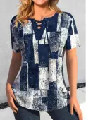 Modlily Navy Lace Up Plus Size Geometric Print Blouse - 3X