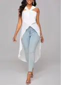 Modlily White Cross Hem Sleeveless V Neck Blouse - M