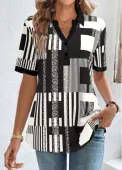 Modlily Black Button Geometric Print Short Sleeve Shirt Collar Blouse - XXL