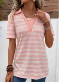 Modlily Pink Eyelet Striped Short Sleeve Shirt Collar Blouse - M