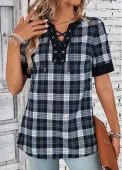 Modlily Black Lace Up Plaid Short Sleeve Blouse - L