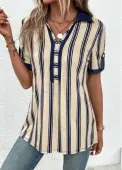 Modlily Beige Patchwork Striped Short Sleeve Shirt Collar Blouse - S