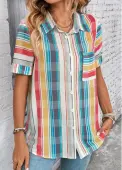 Modlily Multi Color Button Plaid Short Sleeve Blouse - M